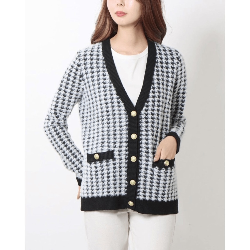 TAHARI Houndstooth Cardigan with Gold Buttons